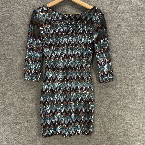 Love Reign Dress Women M Medium Blue Striped Sheath Short Sequin Lined Casual